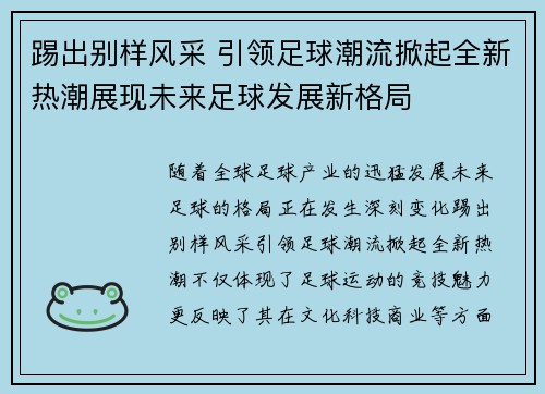 踢出别样风采 引领足球潮流掀起全新热潮展现未来足球发展新格局