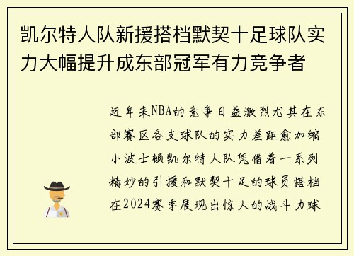 凯尔特人队新援搭档默契十足球队实力大幅提升成东部冠军有力竞争者