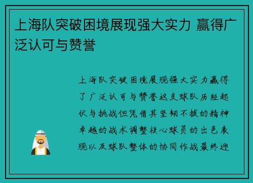 上海队突破困境展现强大实力 赢得广泛认可与赞誉